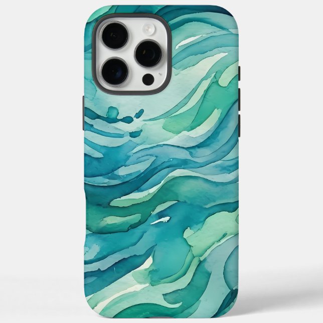 Funda iPhone 16 Pro Max Olas de océano acuarela azul verdoso (Reverso)