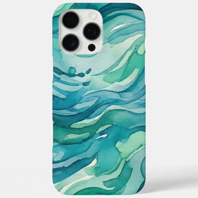 Funda iPhone 16 Pro Max Olas de océano acuarela azul verdoso (Reverso )