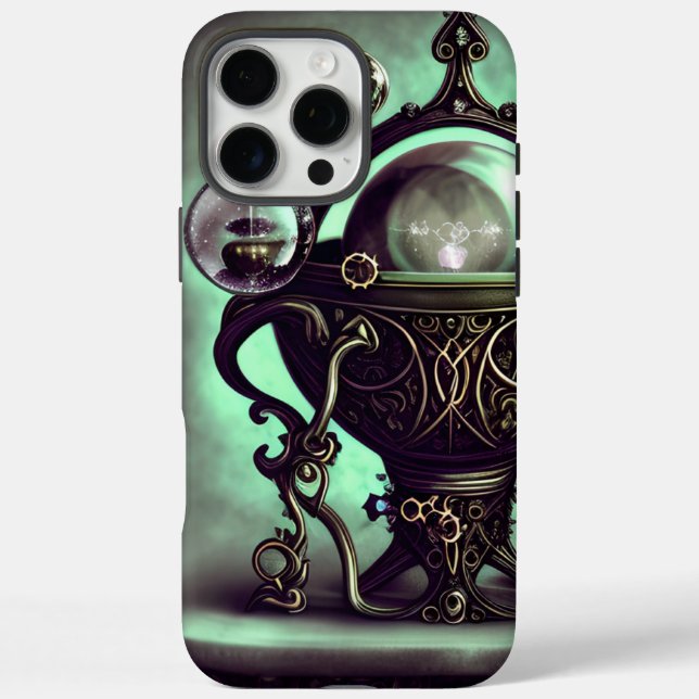 Funda iPhone 16 Pro Max Ornate Cauldron con bola de cristal verde y orbs (Reverso)
