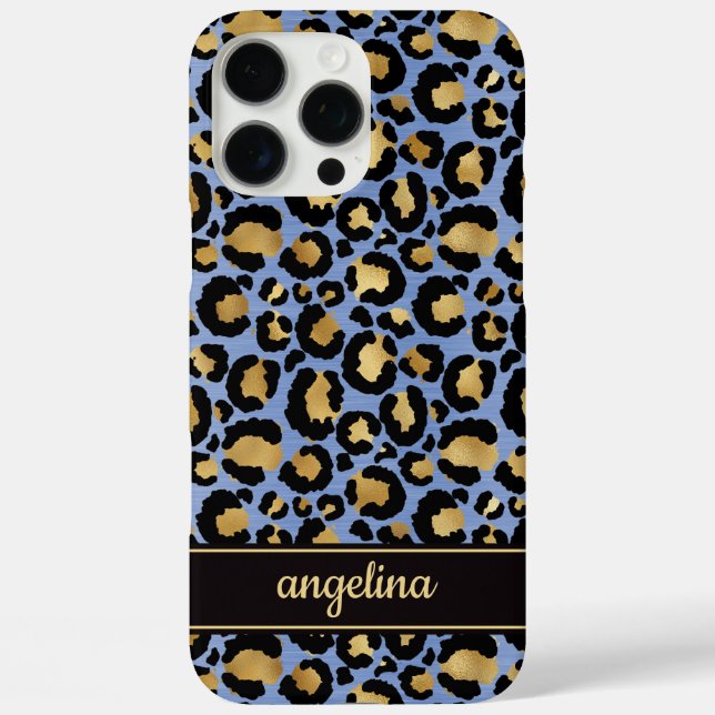 Funda iPhone 16 Pro Max Oro Laminado Sobre Estampado De Leopardo Azul Mono (Reverso )
