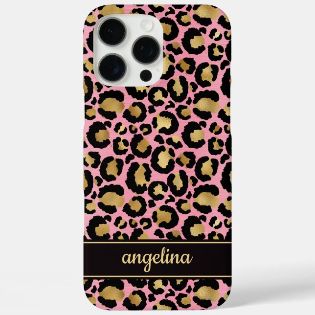 Funda iPhone 16 Pro Max Oro Laminado Sobre Estampado De Leopardo Rosa Con  (Reverso )