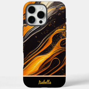 Funda iPhone 16 Pro Max Oro y olas naranjas en tela oscura