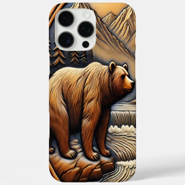 Funda iPhone 16 Pro Max Oso elegante con aspecto de cuero por río (Reverso )