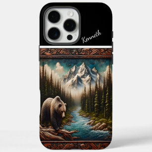 Funda iPhone 16 Pro Max Oso viendo Salmón en la corriente de montaña