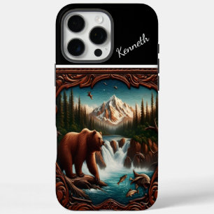 Funda iPhone 16 Pro Max Oso viendo Salmón en la corriente de montaña