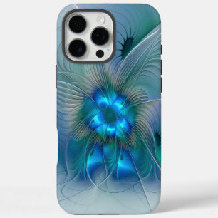 Funda iPhone 16 Pro Max Ovaciones de pie, fractal azul turquesa abstracto