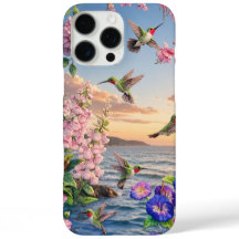 Paisaje de colibríes y flores
