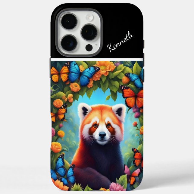 Funda iPhone 16 Pro Max Panda Rojo Entre Flores (Reverso)