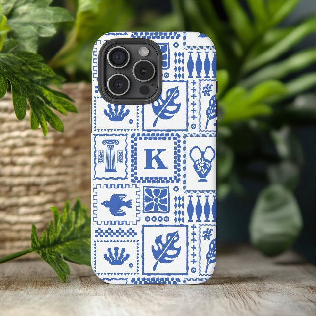 Funda iPhone 16 Pro Max Patrón abstracto azul blanco moderno monograma (Subido por el creador)