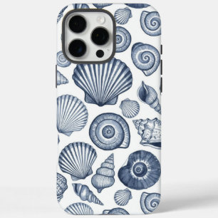 Funda iPhone 16 Pro Max Patrón costero náutico de conchas de acuarela azul