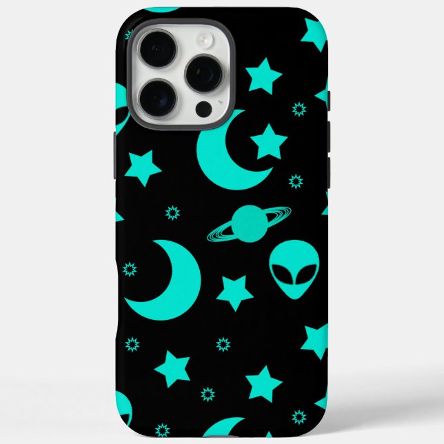 Funda iPhone 16 Pro Max Patrón de Alien Turquesa con Estrellas y Lunas (Reverso)