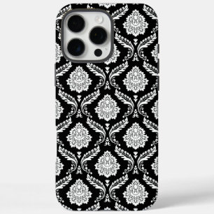 Funda iPhone 16 Pro Max Patrón de Damasco Rococó Blanco sobre Negro