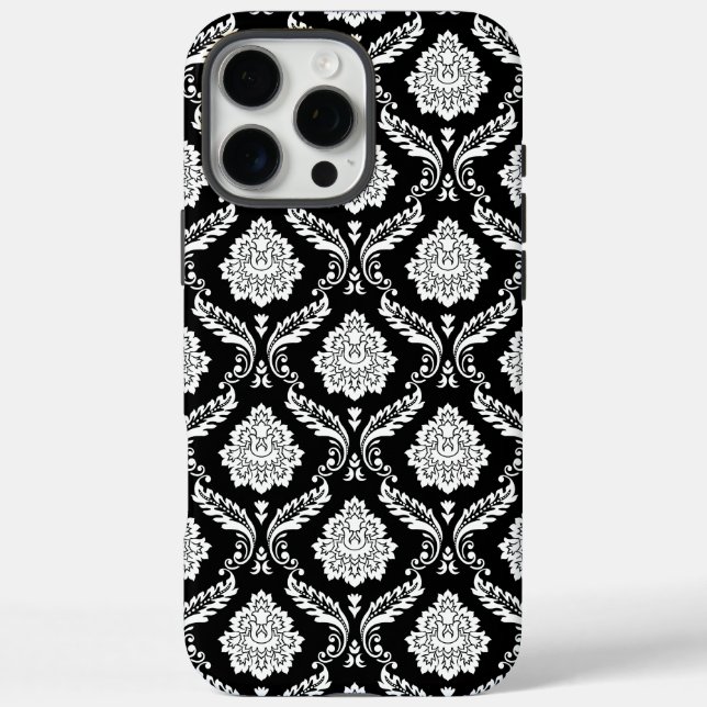 Funda iPhone 16 Pro Max Patrón de Damasco Rococó Blanco sobre Negro  (Reverso)