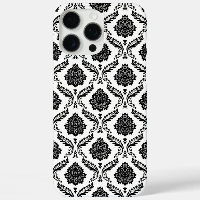 Funda iPhone 16 Pro Max Patrón de Damasco Rococó Negro sobre Blanco (Reverso )