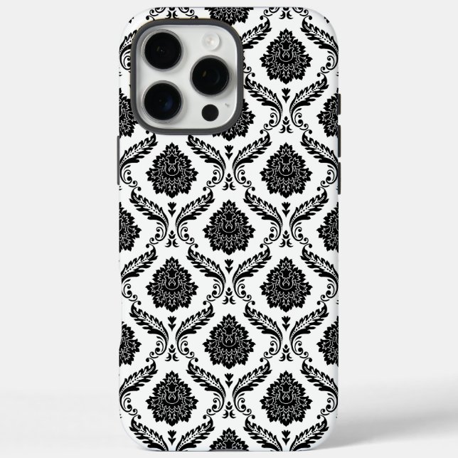 Funda iPhone 16 Pro Max Patrón de Damasco Rococó Negro sobre Blanco (Reverso)