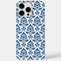Patrón de Damask de Feuille azul oscuro sobre blan