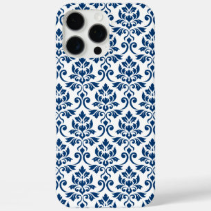 Funda iPhone 16 Pro Max Patrón de Damask de Feuille azul oscuro sobre blan