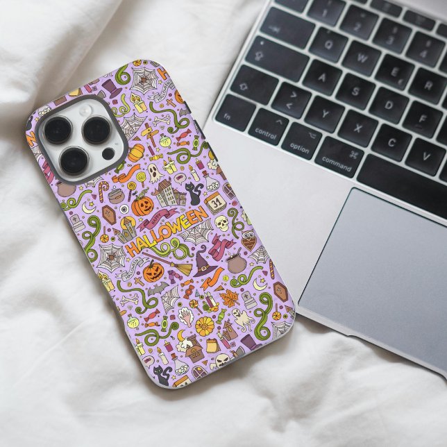 Funda iPhone 16 Pro Max Patrón de garabatos de Halloween adorable (Subido por el creador)
