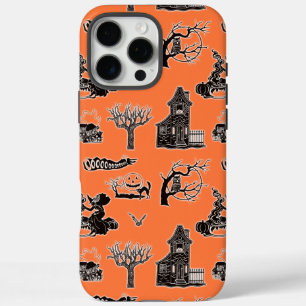 Funda iPhone 16 Pro Max Patrón de Halloween naranja y Vintage Negro