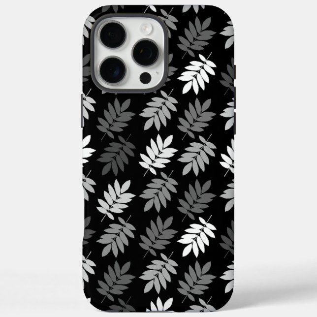 Funda iPhone 16 Pro Max Patrón de hoja de anciano negro blanco gris (Reverso)