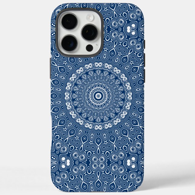 Funda iPhone 16 Pro Max Patrón de Mandala Azul añil (Reverso)