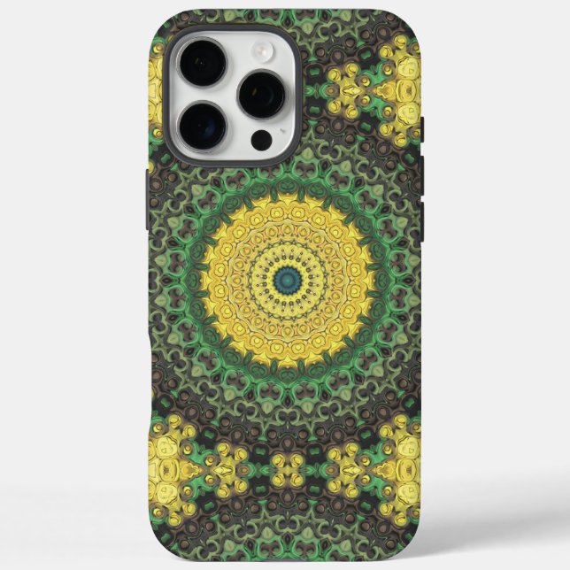 Funda iPhone 16 Pro Max Patrón de Mandala con Caleidoscopio Amarillo y Ver (Reverso)