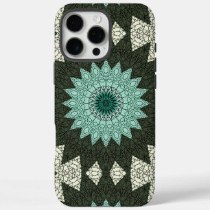 Funda iPhone 16 Pro Max Patrón de Mandala Geométrica verde azulada y Verde