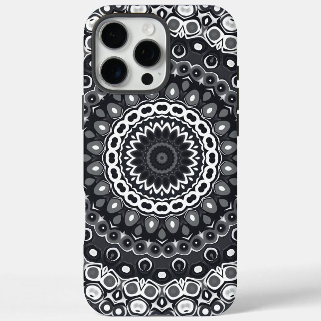 Funda iPhone 16 Pro Max Patrón de Mandala Monocromo Blanco y Negro (Reverso)