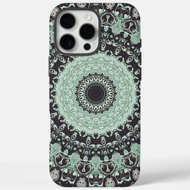Funda iPhone 16 Pro Max Patrón de Mandala Verde Menta y Carbón (Reverso)