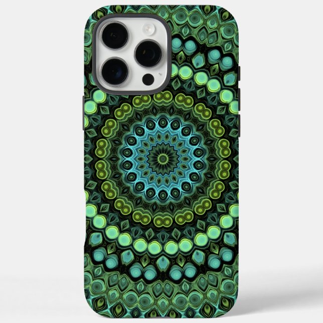 Funda iPhone 16 Pro Max Patrón de Mandala verde y Verde azulado (Reverso)