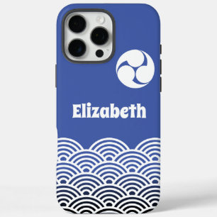 Funda iPhone 16 Pro Max Patrón de onda azul japonés clásico con tu nombre