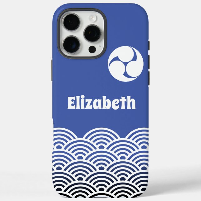 Funda iPhone 16 Pro Max Patrón de onda azul japonés clásico con tu nombre (Reverso)