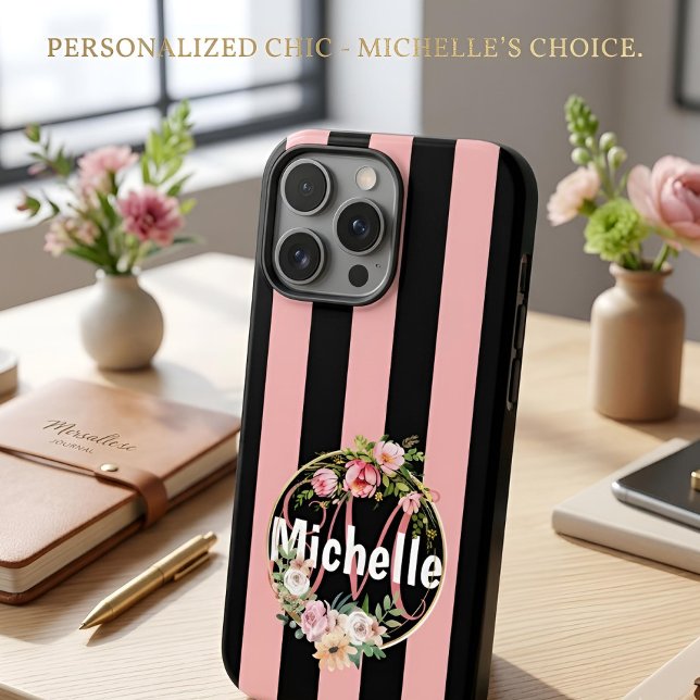 Funda iPhone 16 Pro Max Patrón de rayas rosadas negras monogramadas con Fl (Subido por el creador)