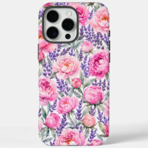 Funda iPhone 16 Pro Max Patrón floral de acuarela de peonías rosadas y lav