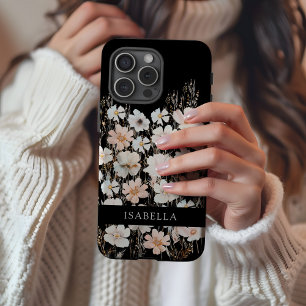 Funda iPhone 16 Pro Max Patrón floral monograma personalizado negro