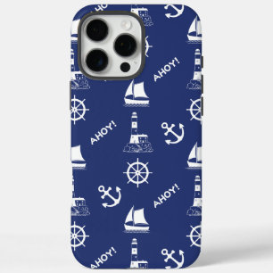 Funda iPhone 16 Pro Max Patrón ilustrativo de navegación Blanco+Azul marin