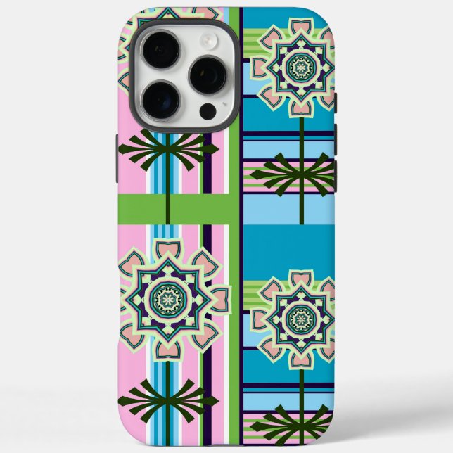 Funda iPhone 16 Pro Max Patrones geométricos retro y flores de fantasía (Reverso)