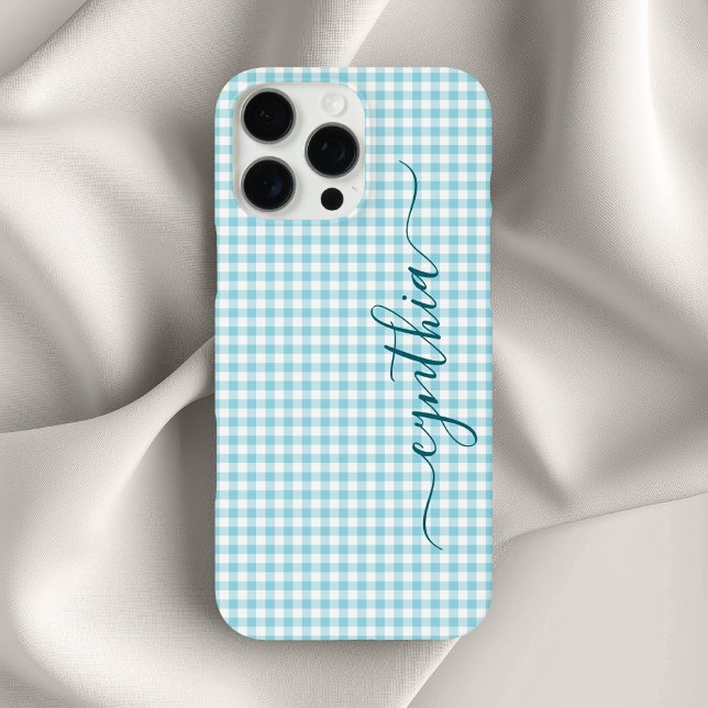Funda iPhone 16 Pro Max Pequeño huevo de Robin Azul Gingham Firma (Tiny Robin Egg Blue Gingham Signature Case-Mate iPhone Case)