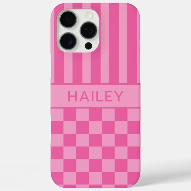 Funda iPhone 16 Pro Max Personalizada a Cuadros Rayada Rosa (Reverso )