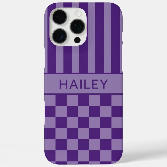Funda iPhone 16 Pro Max Personalizado con Cuadros y Rayas Moradas (Reverso )