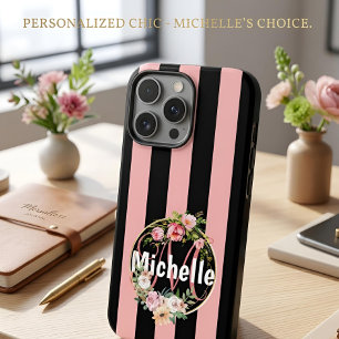 Funda iPhone 16 Pro Max Personalizado Negro Raya Floral Nombre Personaliza