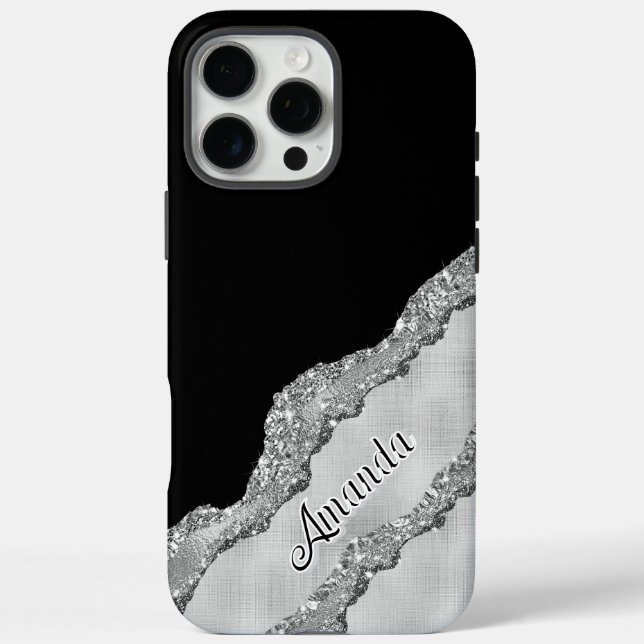 Funda iPhone 16 Pro Max Personalizado Purpurina Negro Y Gris (Reverso)