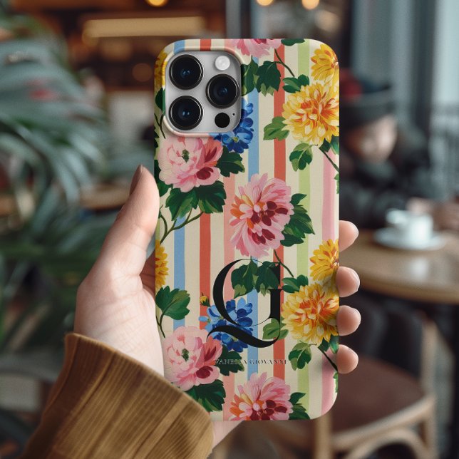 Funda iPhone 16 Pro Max Personalized Floral Stripe Monogram (Subido por el creador)