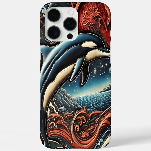 Funda iPhone 16 Pro Max Pieza de arte delfín dinámico (Reverso )