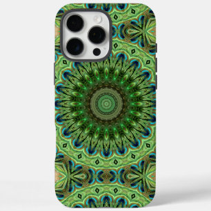 Funda iPhone 16 Pro Max Pieza de pavo real Mandala Esmeralda y Simetría az