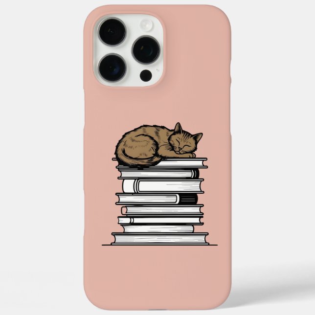 Funda iPhone 16 Pro Max Pila de libros con gato durmiente - Acogedor (Reverso )