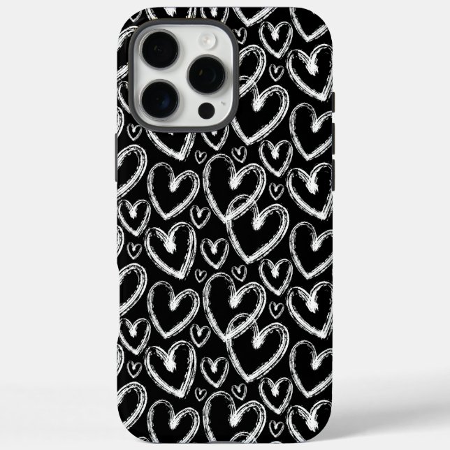 Funda iPhone 16 Pro Max Pincel moderno Corazón Patrón blanco negro (Reverso)