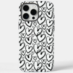 Funda iPhone 16 Pro Max Pincel moderno Corazón Patrón blanco negro