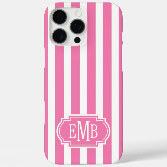 Funda iPhone 16 Pro Max Pink and White Monogrammed Stripes (Reverso )