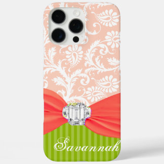 Funda iPhone 16 Pro Max Pink Faux Rhinstone Personalized Damask iPhone